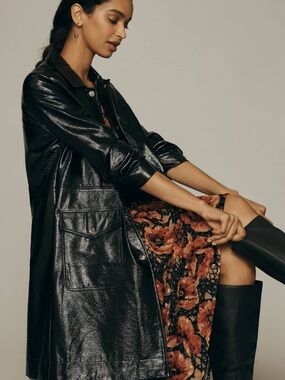Anthropologie Shiny Black Faux-Leather Trench Coat